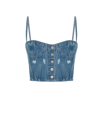 Blue Distressed Washed Denim Top, 1