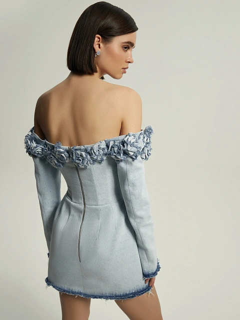 Light Blue Washed Denim Rose Mini Dress, 5