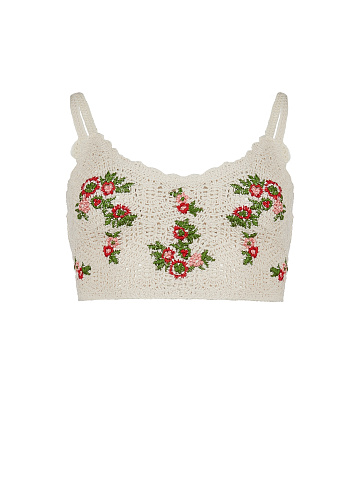 Flower Embroidered Ivory Knitted Top, 1