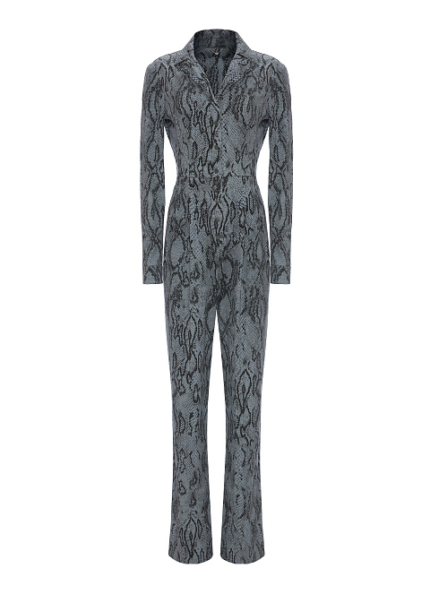 Snake Printed  Grey Cotton Jumpsuit, 1