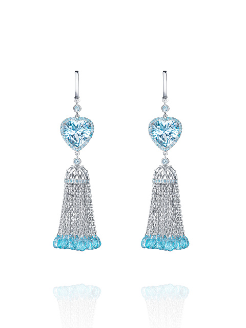2 Heart Topaz Sky & Briolette Topaz Sky & White Gold Tassel Earrings, 1