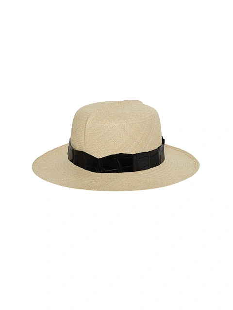Black Crocodile Leather Trimmed Lily Straw Hat, 3