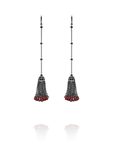 Black Gold & Garnet Short Tassel Earrings, 1