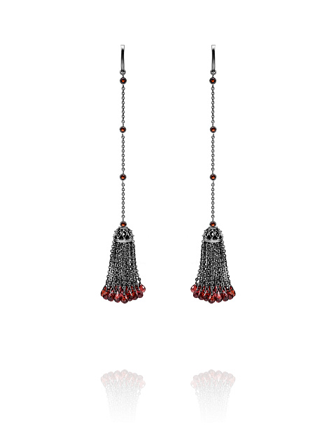 Black Gold & Garnet Short Tassel Earrings, 1