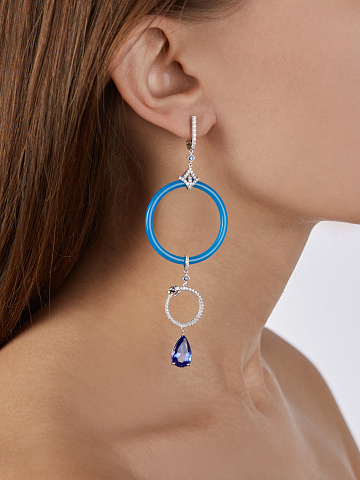 Agate, Pear Tanzanite, Sapphire, Round Diamond & White Gold Earrings , 2