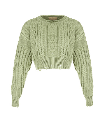 Olive Green Cotton Cropped Cable Knit Sweater, 1