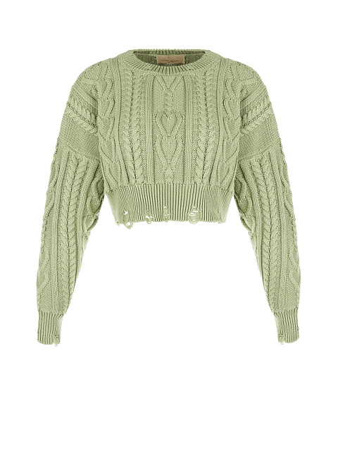 Olive Green Cotton Cropped Cable Knit Sweater, 1