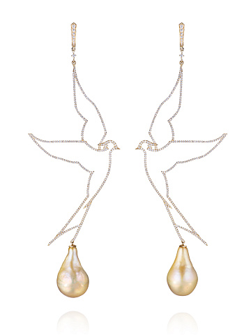 Gold, Round-cut Diamonds & Pearls Bird Earrings, 1