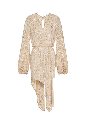 Beige Asymmetric Rhinestones Mini Dress, 1