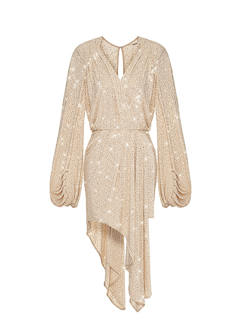 Beige Asymmetric Rhinestones Mini Dress, 1