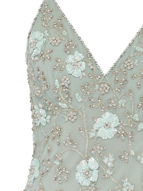 Green Embroidery & Feather Chiffon Maxi Dress, 3
