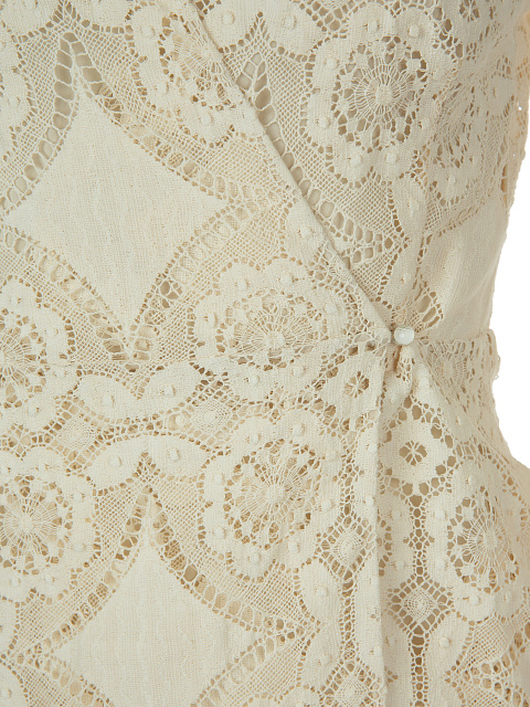 Beige Fringed Lace Cotton Wrap Mini Dress, 4