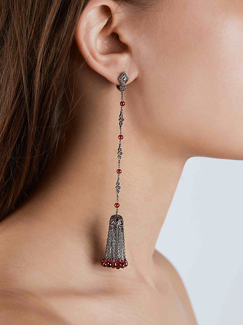 Blackened gold tassel earrings with garnet, 2 Blackened gold tassel earrings with garnet, 2