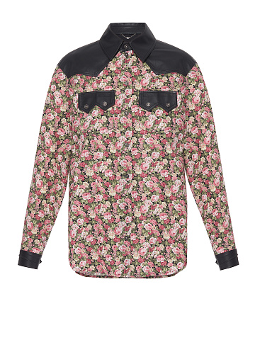 Pink Cotton & Black Leather Floral-Print Shirt, 1