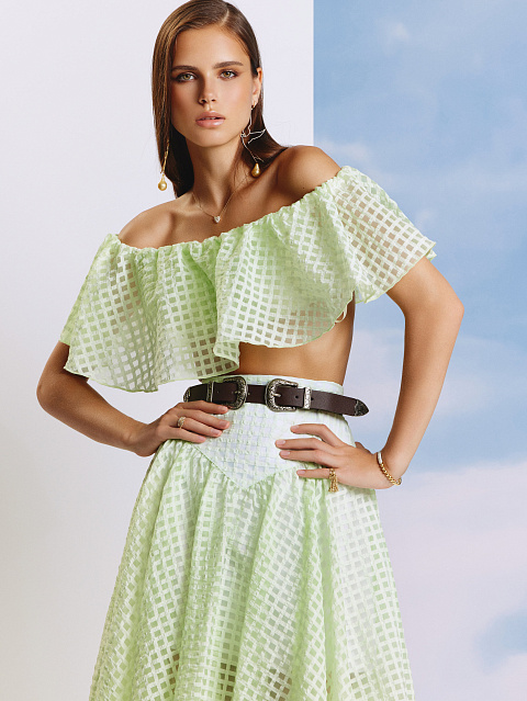Lime Green Checked Chiffon Top & Midi Skirt, 6
