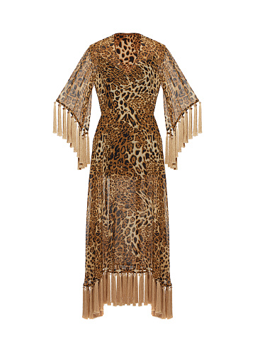 Leopard Fringed Chiffon Wrap Dress, 1