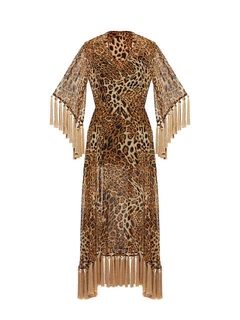 Leopard Fringed Chiffon Wrap Dress, 1