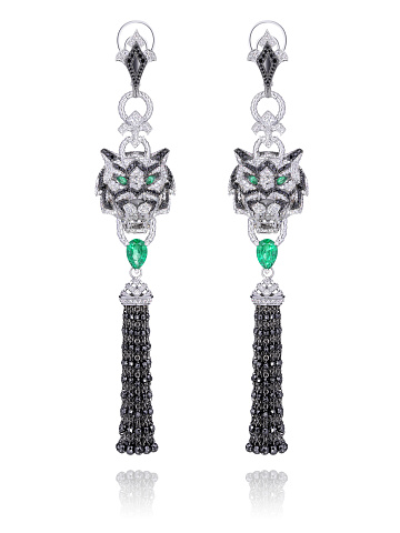 White Gold Emerald & Diamond Tiger Tassel Earrings, 1