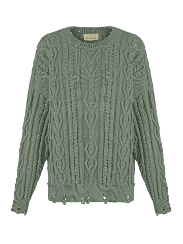 Green Unisex Cable Knit Cotton Sweater, 1