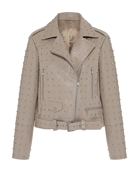 Beige Rhinestones Leather Biker Jacket, 1