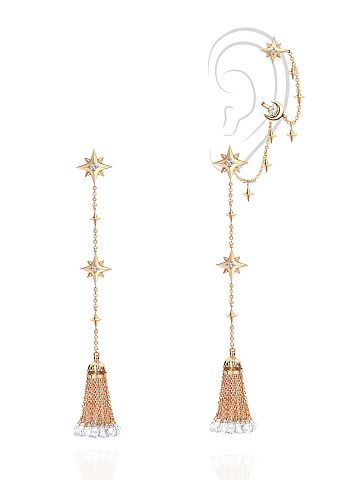 Pink gold tassel earrings with ear cuff, rock crystal and colorless topaz, 1