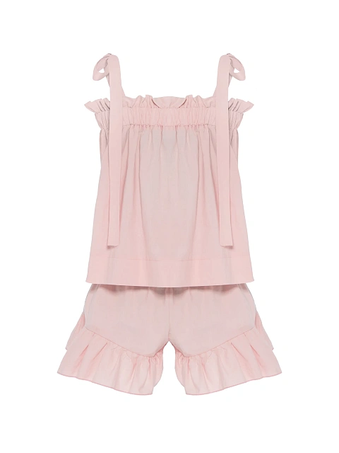 Pink set with tie-front top and ruffled shorts, 2