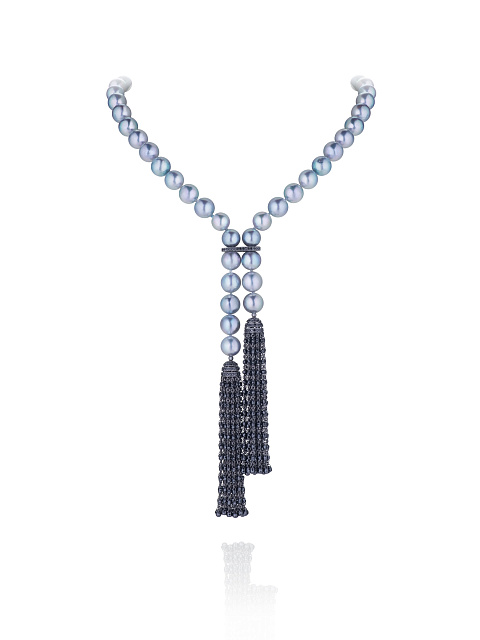 Chained necklace-belt in blackened gold with Akoya grey pearls and diamonds, 1 Chained necklace-belt in blackened gold with Akoya grey pearls and diamonds, 1