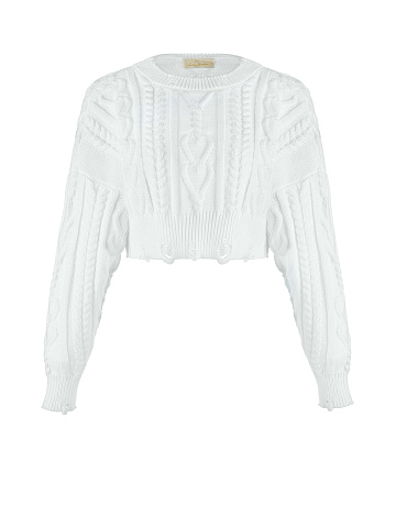 White Cotton Cropped Cable Knit Sweater, 1