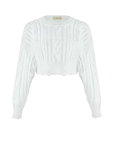 White Cotton Cropped Cable Knit Sweater, 1