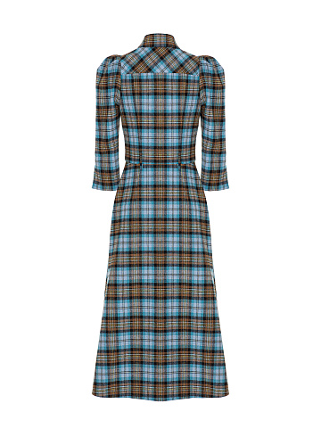 Brown & Light Blue Check Wool Midi Dress, 2