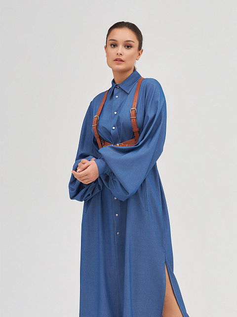 Blue Cotton Puff Sleeves Shirt Dress, 5