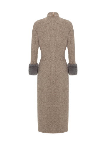Beige Wool Midi Dress With Mink Fur Cuffs, 2