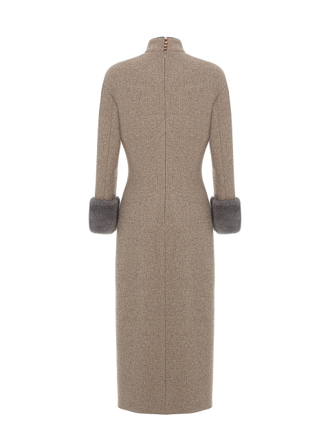 Beige Wool Midi Dress With Mink Fur Cuffs, 2 Beige Wool Midi Dress With Mink Fur Cuffs, 2