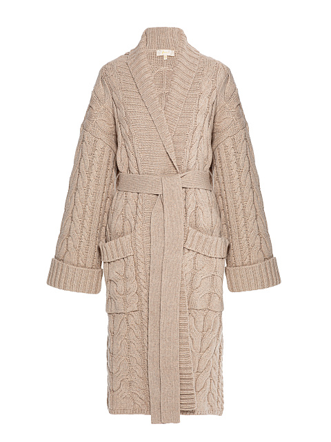 Beige Cashmere & Merino Wool Belted Cardigan, 1