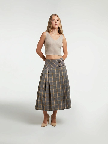 Grey & Beige Checked Pleated Midi Skirt, 2