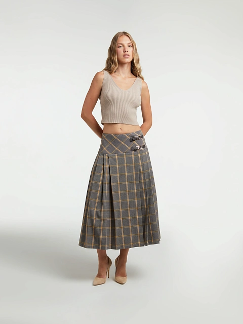 Grey & Beige Checked Pleated Midi Skirt, 2 Grey & Beige Checked Pleated Midi Skirt, 2
