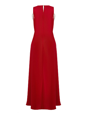 Red maxi dress with pearl strands, 2