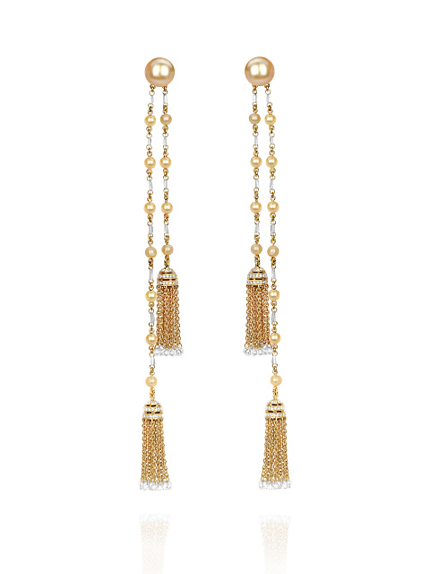 Round, Briolette, Fancy Diamond, Golden Pearl & Gold Tassel Earrings, 1