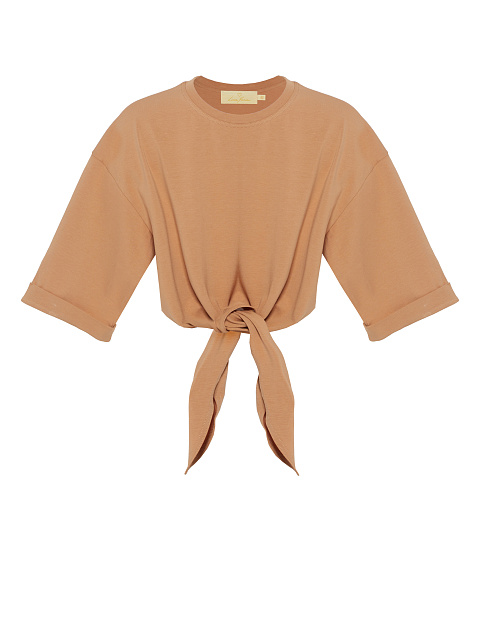 Beige Cotton Cropped Knot T-Shirt, 1
