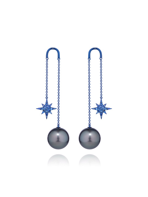 Earrings made of blackened gold with pearls and round sapphires, 1 Earrings made of blackened gold with pearls and round sapphires, 1