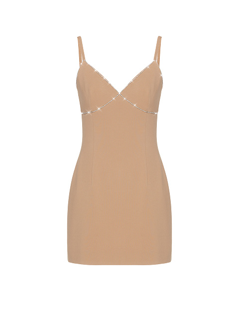 Beige Rayon Rhinestone Mini Dress, 1