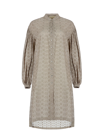 Taupe Perforated Cotton Shirt Dress, 1