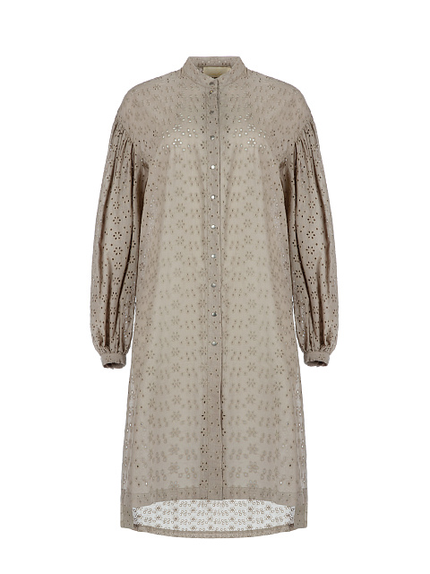 Taupe Perforated Cotton Shirt Dress, 1