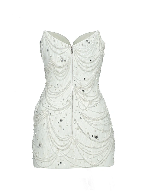 White Pearls & Rhinestones Silk Mini Dress, 3