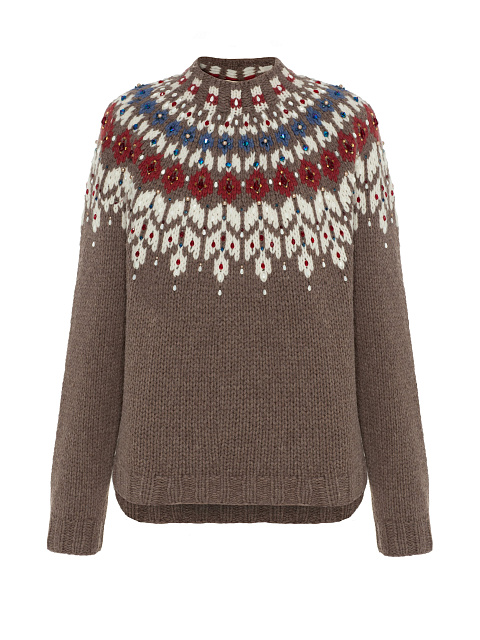 Brown Cashmere Sweater With Pattern And Pearls, 1