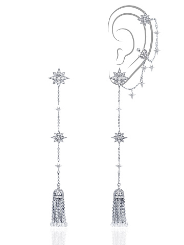White gold tassel earrings with diamonds and ear cuff, 1
