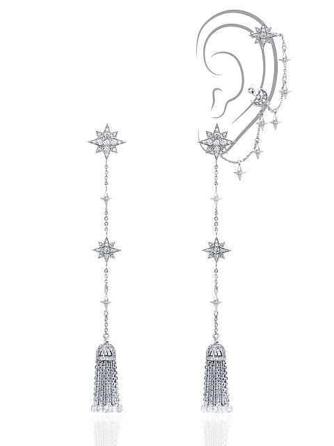 White gold tassel earrings with diamonds and ear cuff, 1