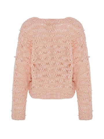 Pink Cashmere And Silk Cropped Pullover With Pearl Embroidery, 2