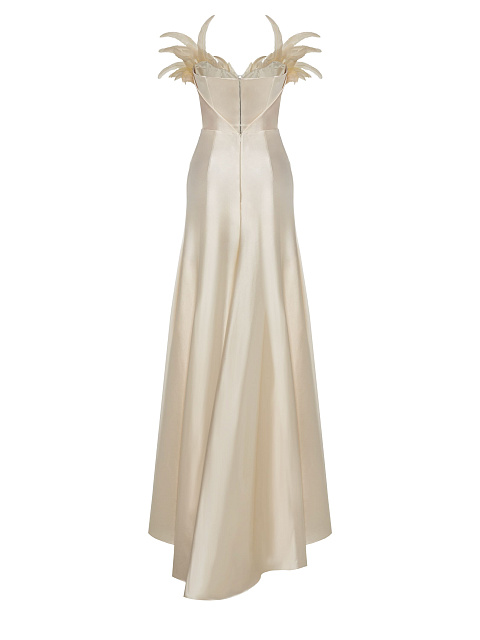 Beige Open Shoulder Feather Silk Maxi Dress, 3