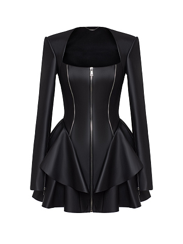 Black leather mini dress with ruffles, 1